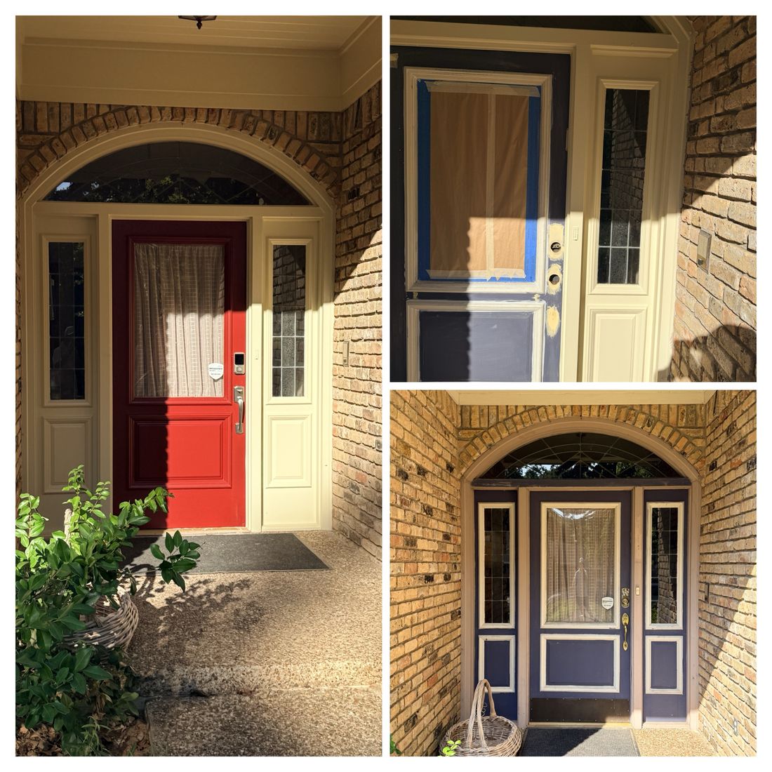 Front entry door repaint before and after, red to navy blue