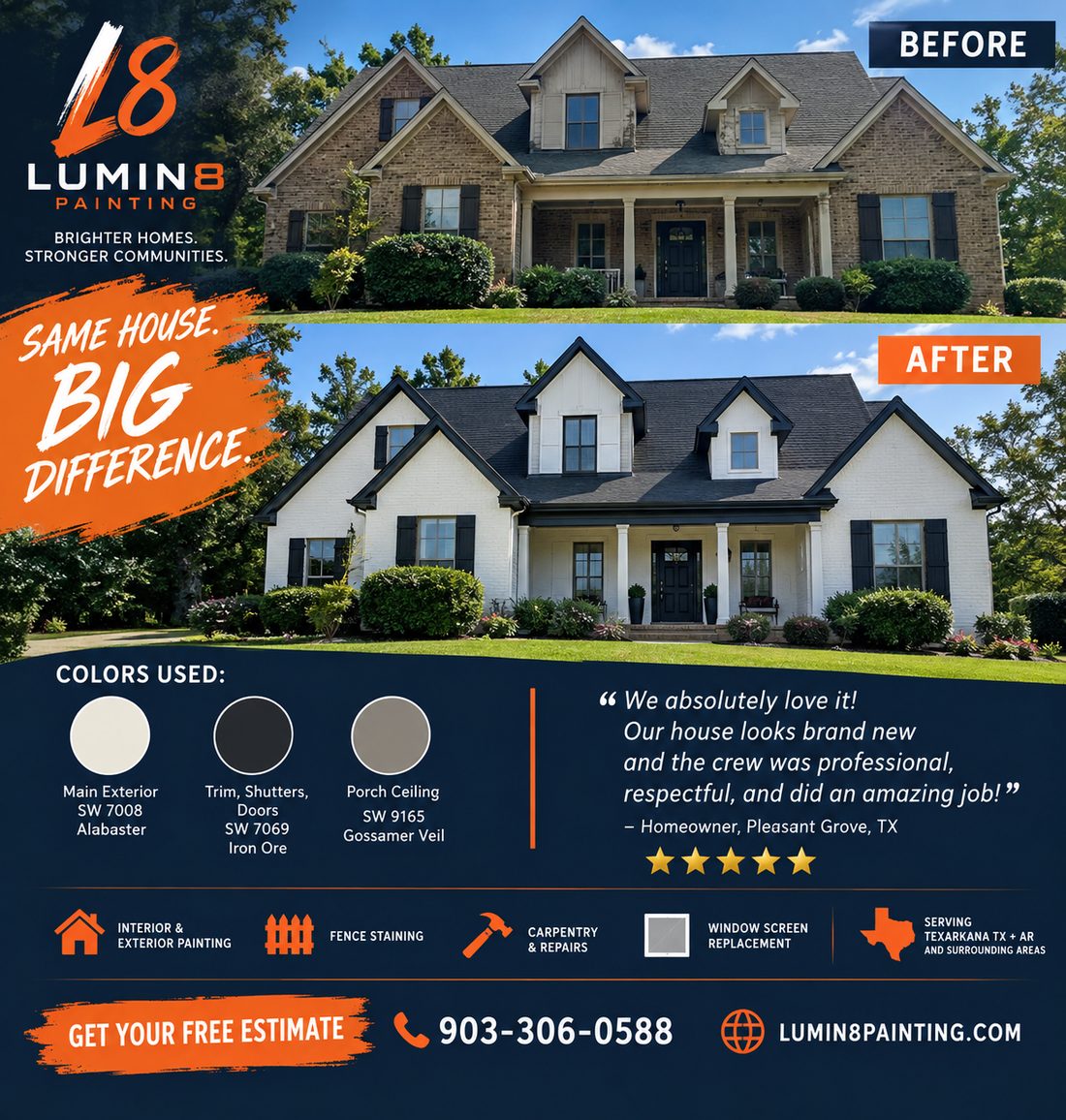 Exterior house painting before and after in Texarkana TX with colors used and homeowner testimonial