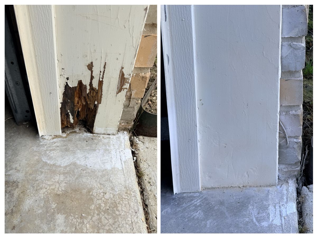 Wood rot repair on exterior door trim before and after